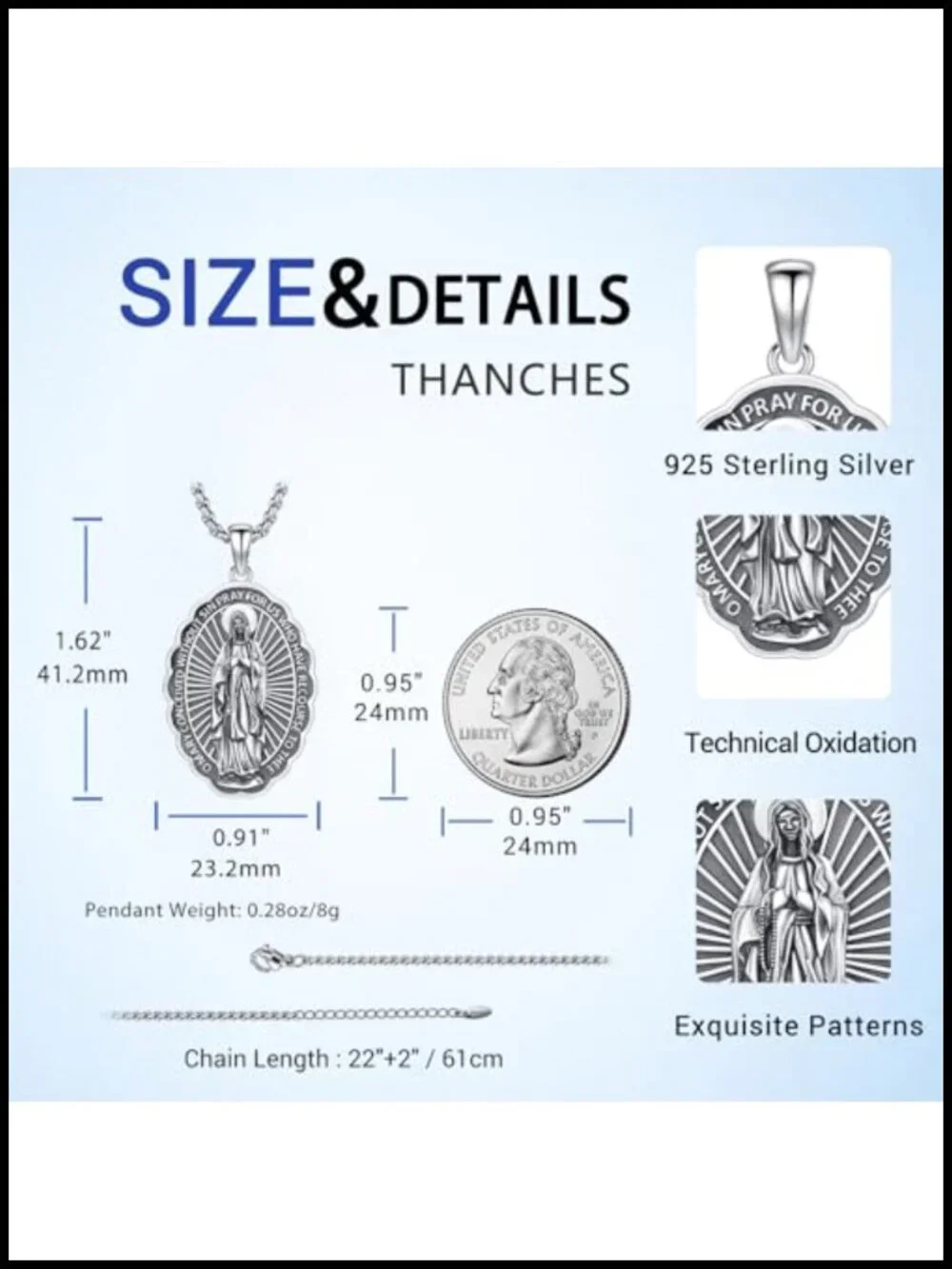 Miraculous Medal Necklace 925 Sterling Silver Virgin Mary Pendant Catholic